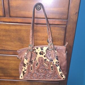 American Darling Tote Hair on Hand Tooled Genuine Leather Western Women Bag